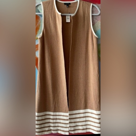 Talbots Vest Size Sm Tan Cream Long Open Cardigan Knit Sweater Cotton Blend - Picture 1 of 5